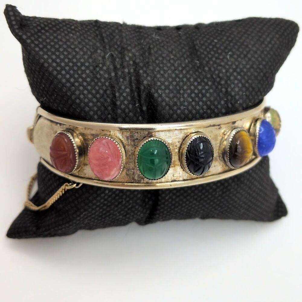 Vintage Gemstone Scarab Hinge Bangle Bracelet Gold Tone With Safety Chain